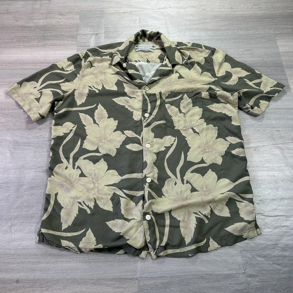 All Saints Shirt Mens Small Green Floral Hawaiian Aloha Relaxed Fit Button Front